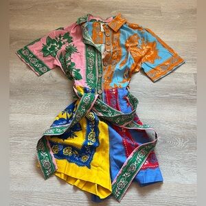 FARM Rio Multicolor Patchwork Floral Short-Sleeve Jumpsuit